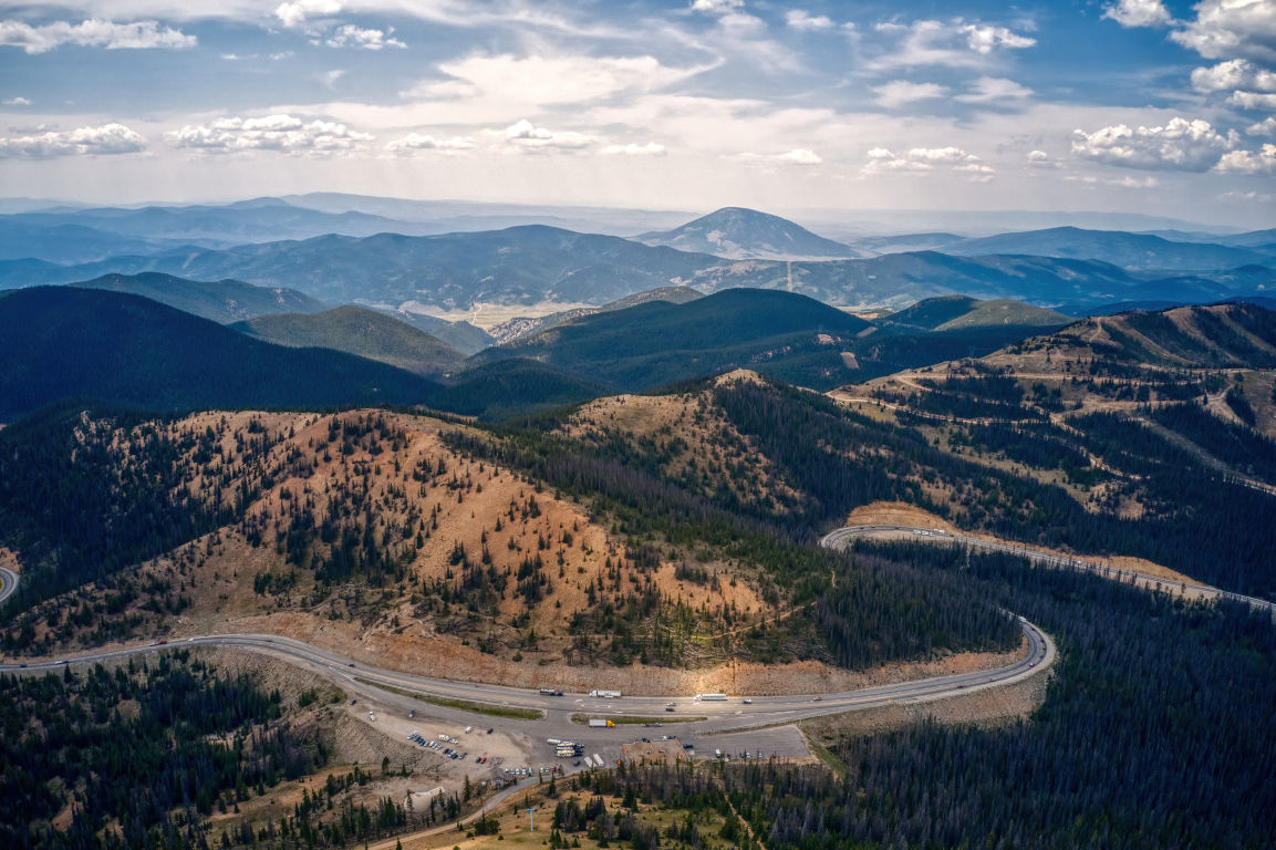 wide view of Monarch Pass on the Continental Divide in Colorado seen from a drone