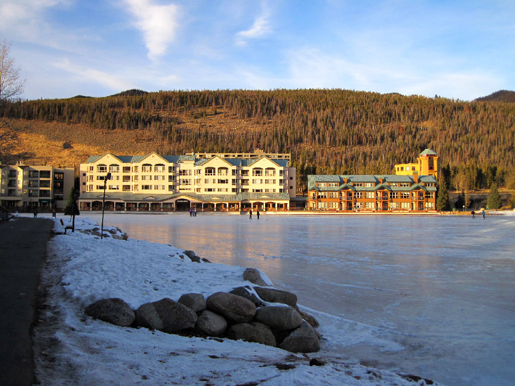 Keystone Ski Resort Lakeside lodging and ice skating outside in winter