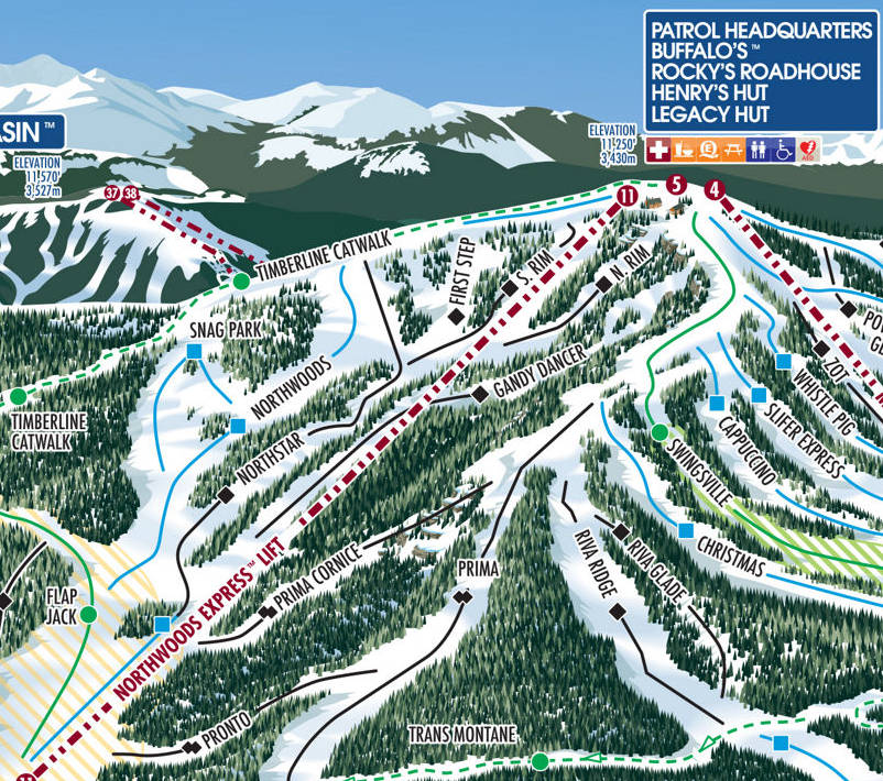 North Rim trail map for Vail with Prima Cornice and surrounding terrain