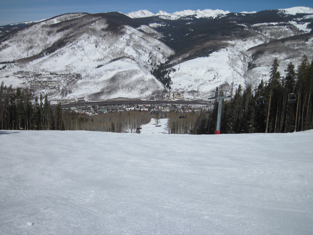 Looking down front side of Vail, CO ski resort