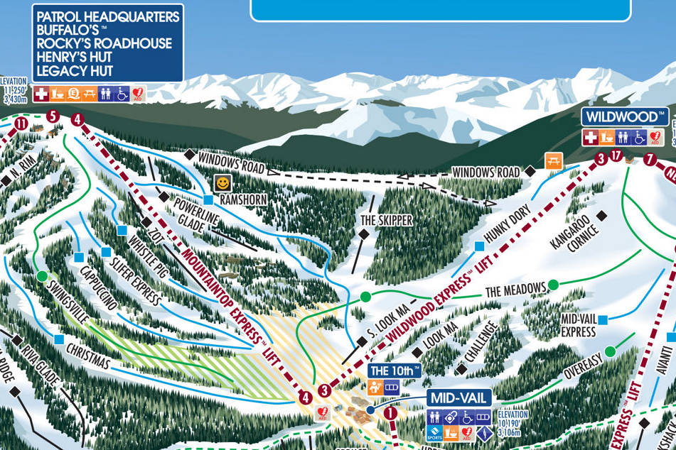 Trail map of area above Mid-Vail near Chair 3 and Chair 4 - Wildwood Express and Mountaintop Express