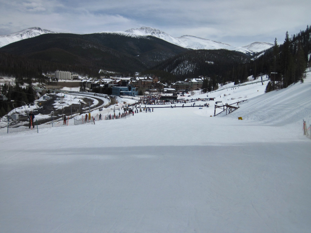 Looking down beginner slope at Winter Park ski school area