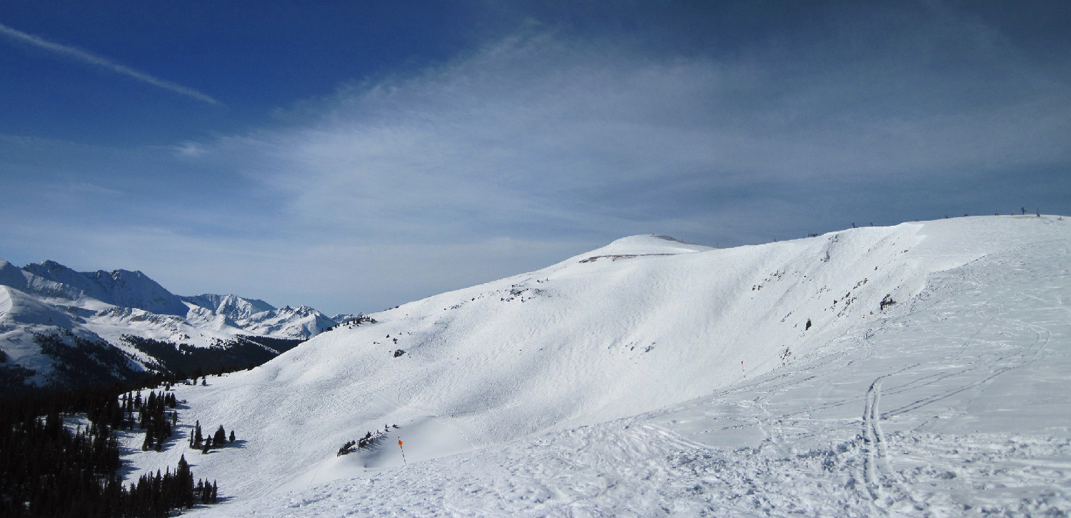 Spaulding Bowl panorama photograph on blue sky sunny winter day at Copper Mountain