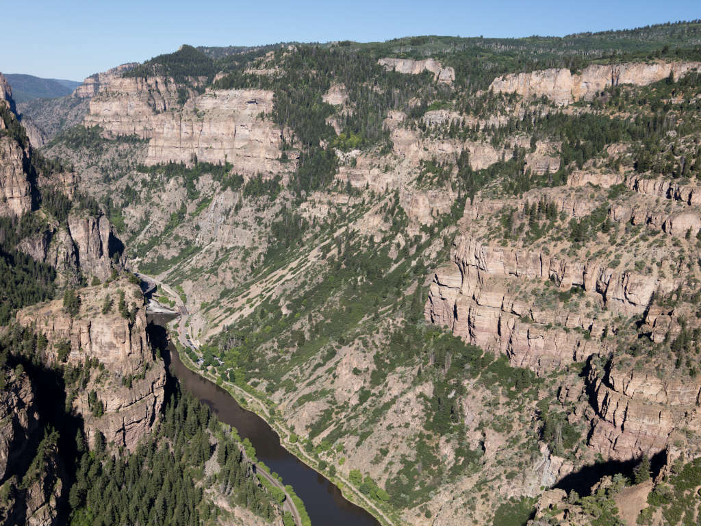 Aerial view looking west of the Hanging Lake Rest Area and Interstate 70