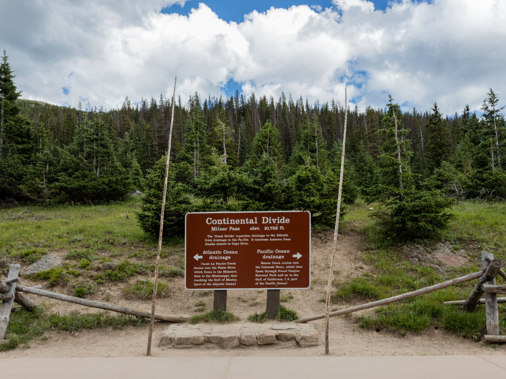 Milner Pass sign on Continental Divide in Colorado