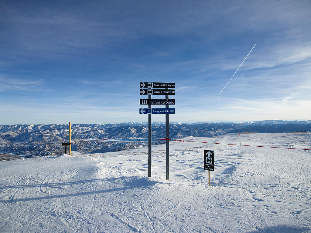 Snowmass trail sign for Rocky Mountain High, Cirque Headwall, Higher Ground and other extreme terrain