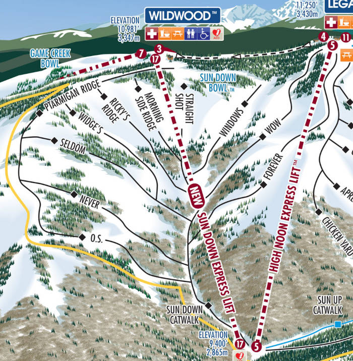 Sun Down Bowl ski trail map in Vail Back Bowls