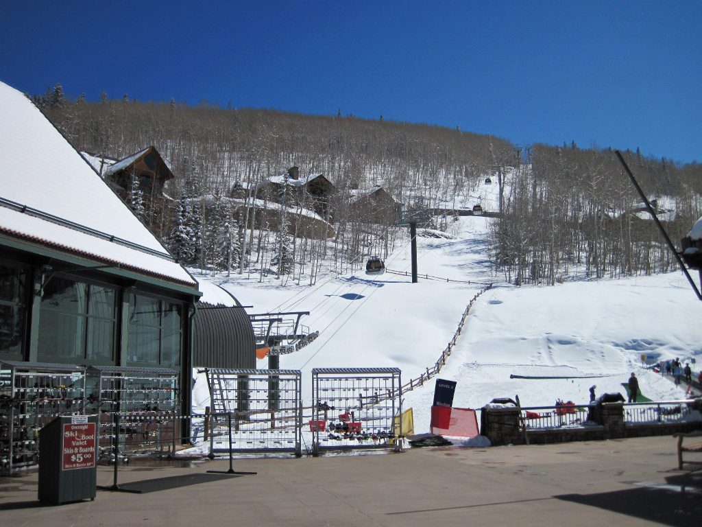 Looking upward at Telluride's free gondola above Mountain Village