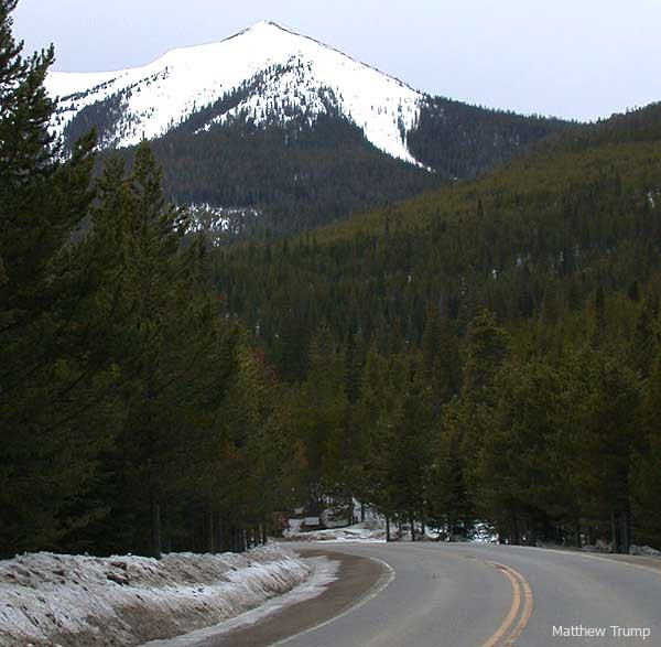 Colorado Highway 125 on Willow Creek Pass with Parkview Mountain in winter