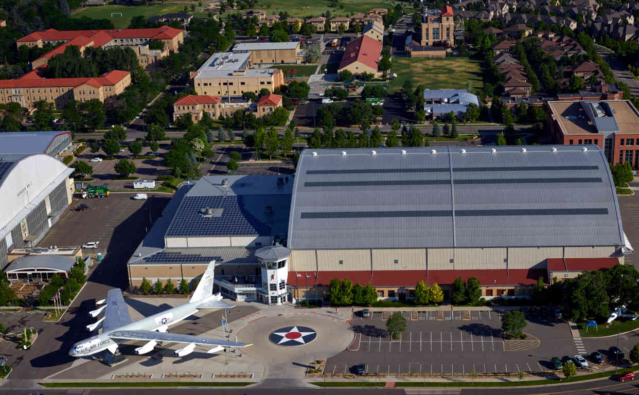 Wings Over The Rockies Air & Space Museum aerial photo from above showing museum hangar