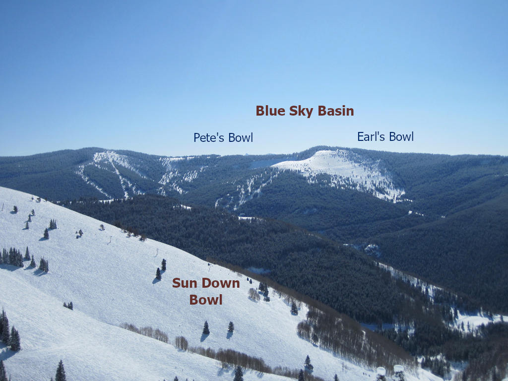 Sun Down Bowl and Blue Sky Basin in the back bowls of Vail, CO on a sunny day in winter