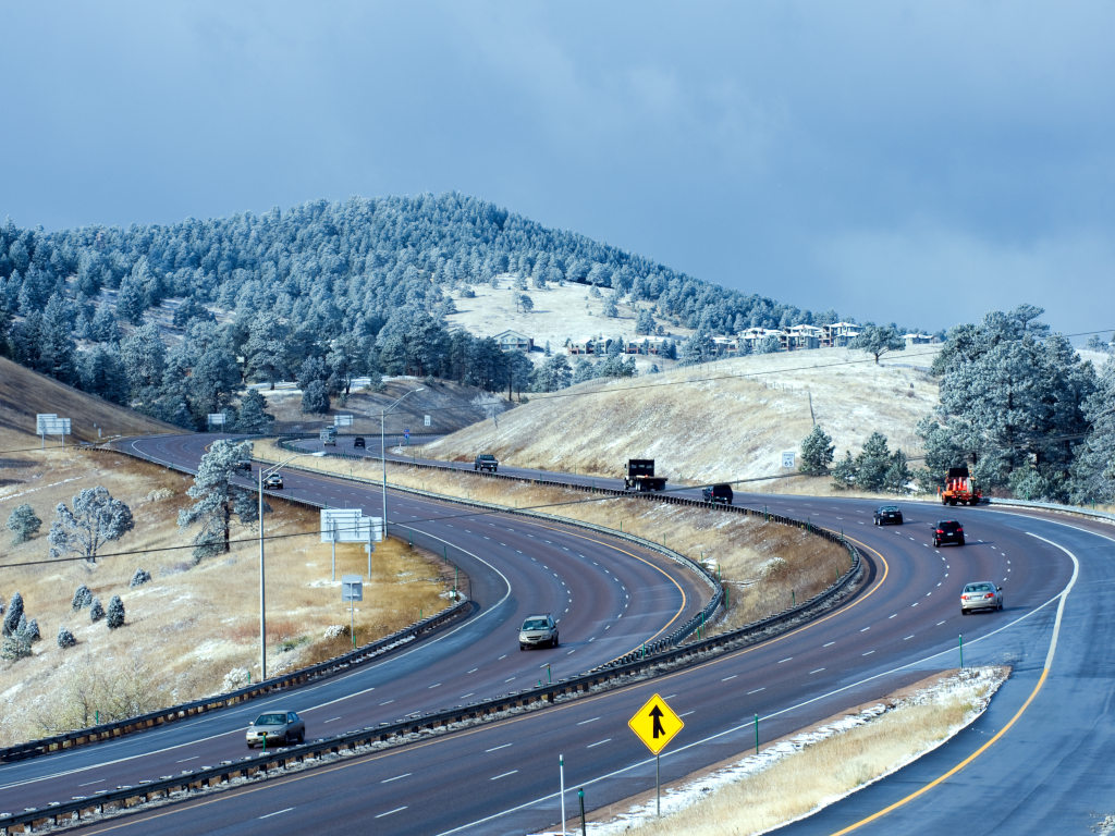 Interstate 70 ascending foothills of Rocky Mountains outside of Denver