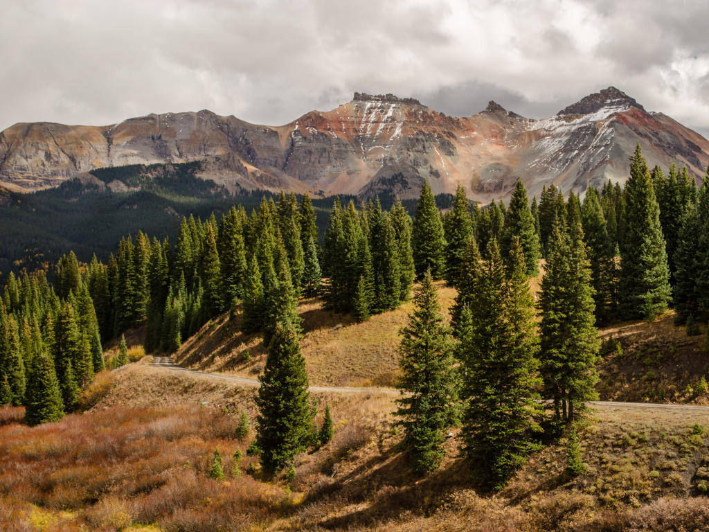 The roadway descending down Lizard Head Pass in Colorado from Lizard Head Pass Overlook