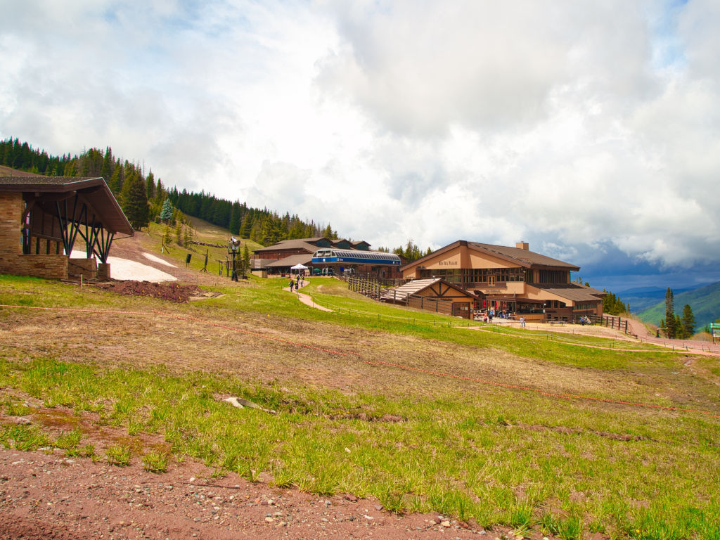 Top of Gondola One at Vail Ski Resort with Mid-Vail lodge and restaurant