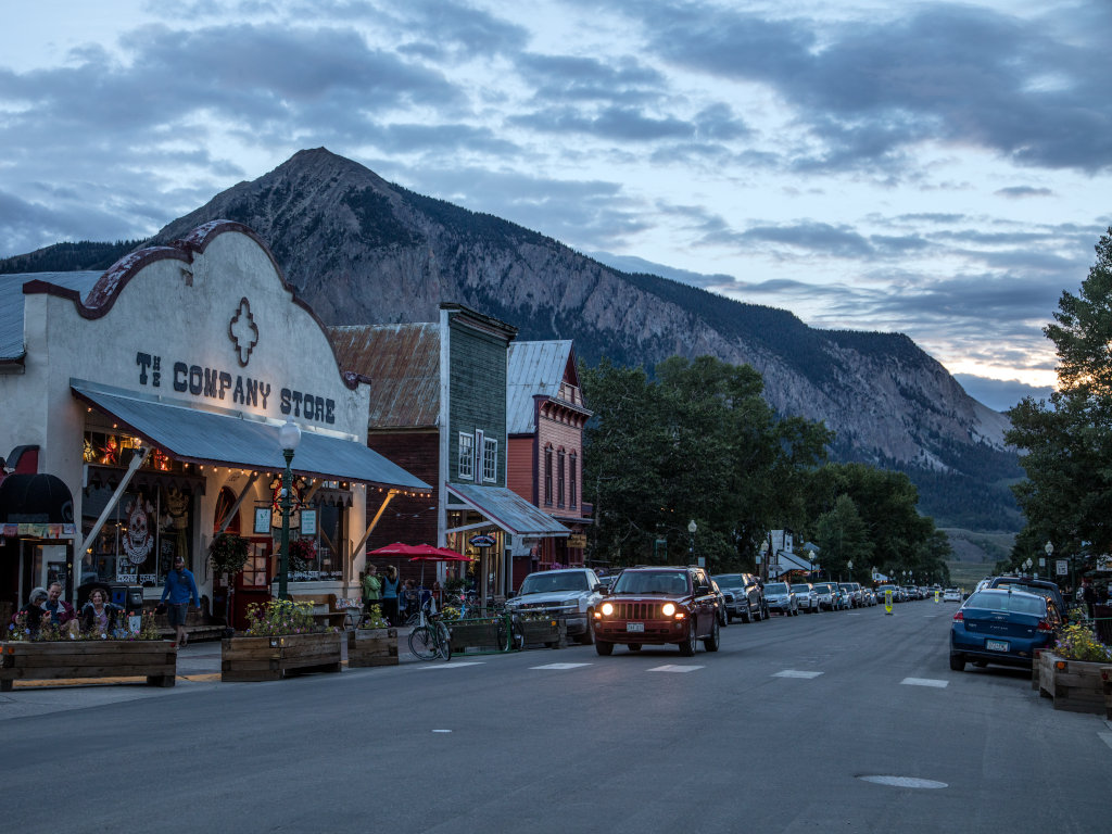 downtown Crested Butte on Elk Avenue with Mount Crested Butte in background