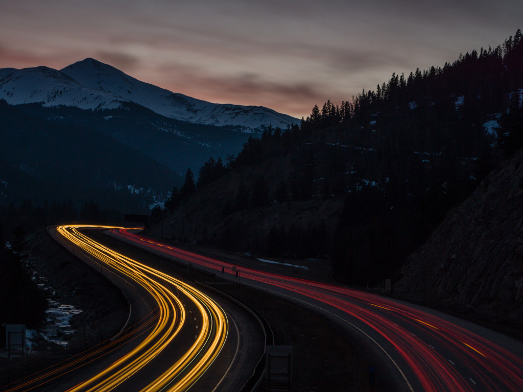 Interstate 70 at night in the Rocky Mountain Foothills