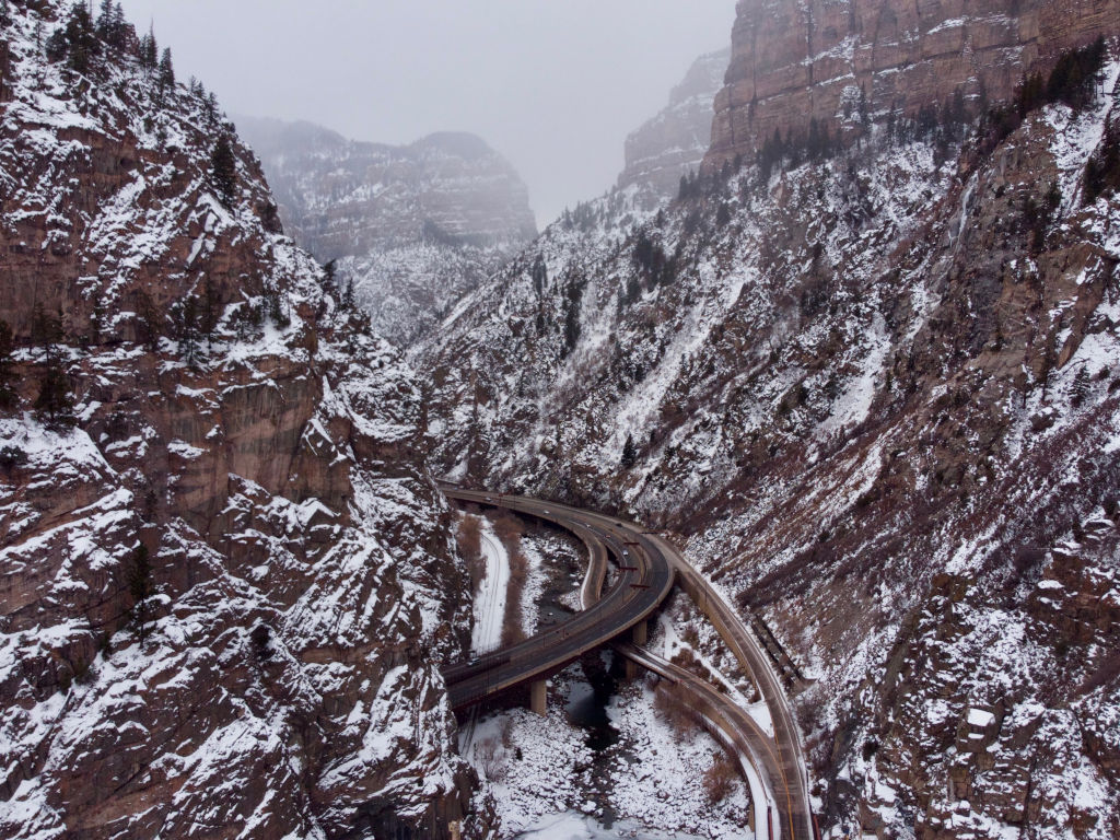 Glenwood Canyon with I-70 and the Hanging Lake Exit during winter with snow