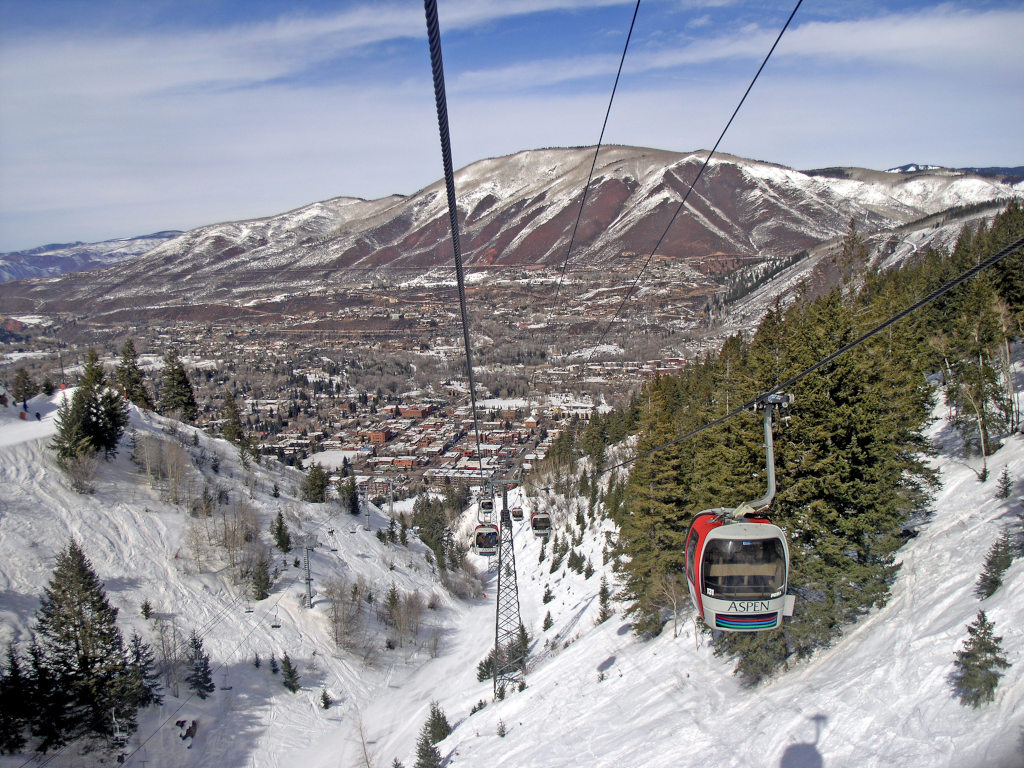 The original white gondola cabins on the Silver Queen Gondola in Aspen