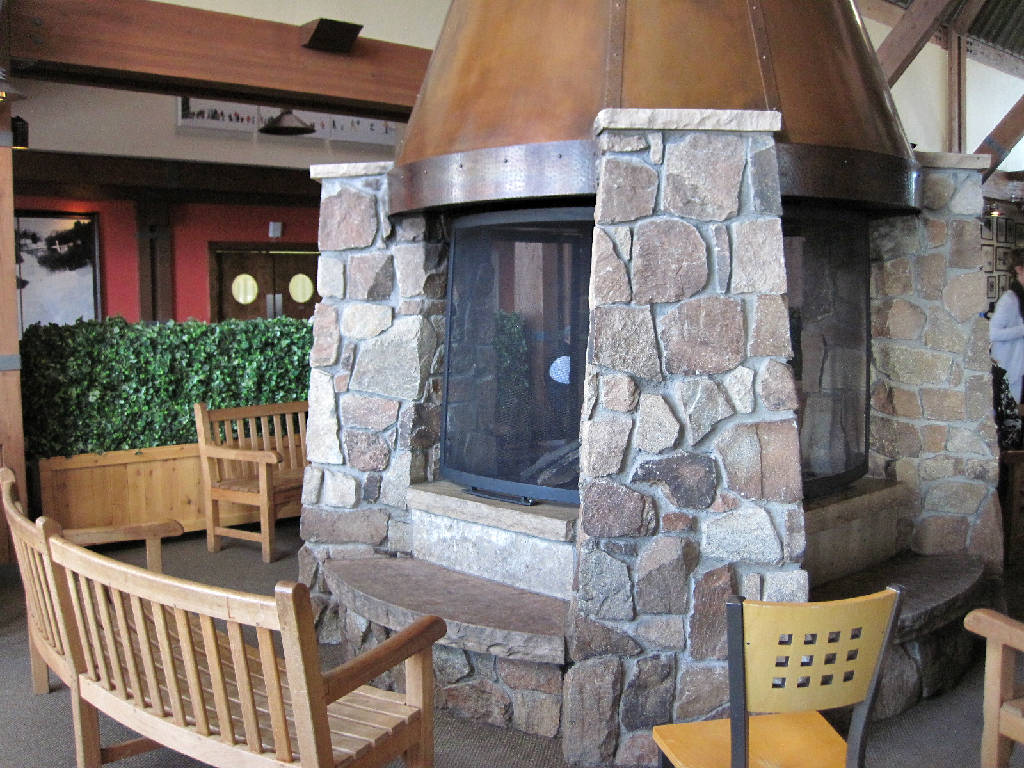 giant fireplace inside of the aspen sundeck lodge