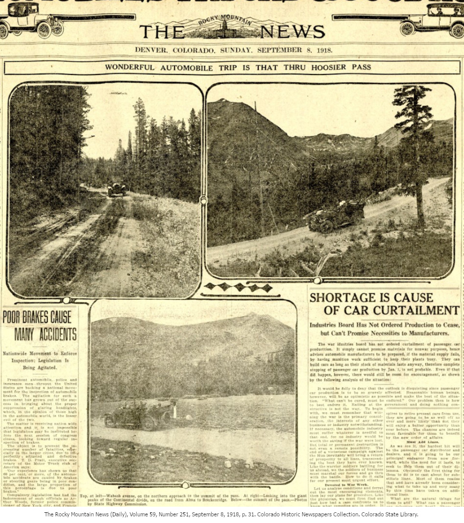 1918 news article from Rocky Mountain News about driving automobiles on Hoosier Pass in Colorado with photos