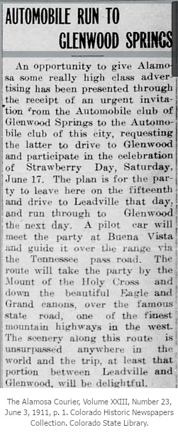 old newspaper article about a driving tour over Tennessee Pass including mention of automobile club invitation