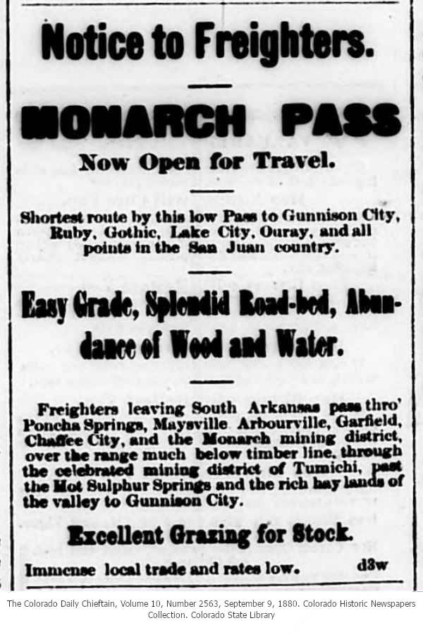 Monarch Pass toll road opened newspaper advertisement from 1880