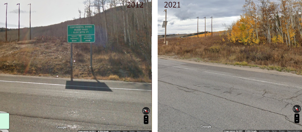 Muddy Pass Continental Divide sign before and after it was removed from the Continental Divide in Colorado