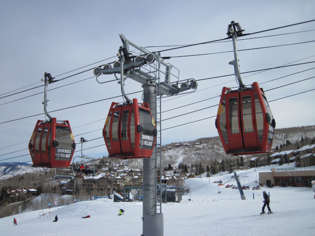 Sky Cab Gondola, Village Express chairlift, and the now removed Burlingame double chair in the background at Snowmass