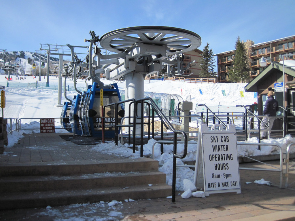 bottom loading station of free Sky Cab gondola at Snowmass