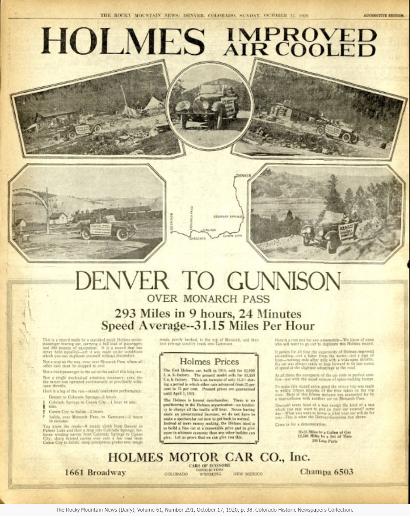 old Rocky Mountain News newspaper spread with autos on Monarch Pass in the year 1920