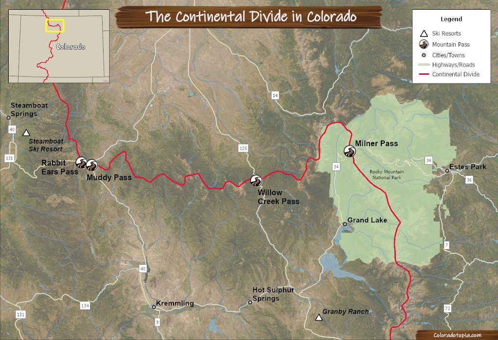 Map of a section of the Continental Divide in Colorado that shows Willow Creek Pass, Milner Pass, Rabbit Ears Pass, Muddy Pass