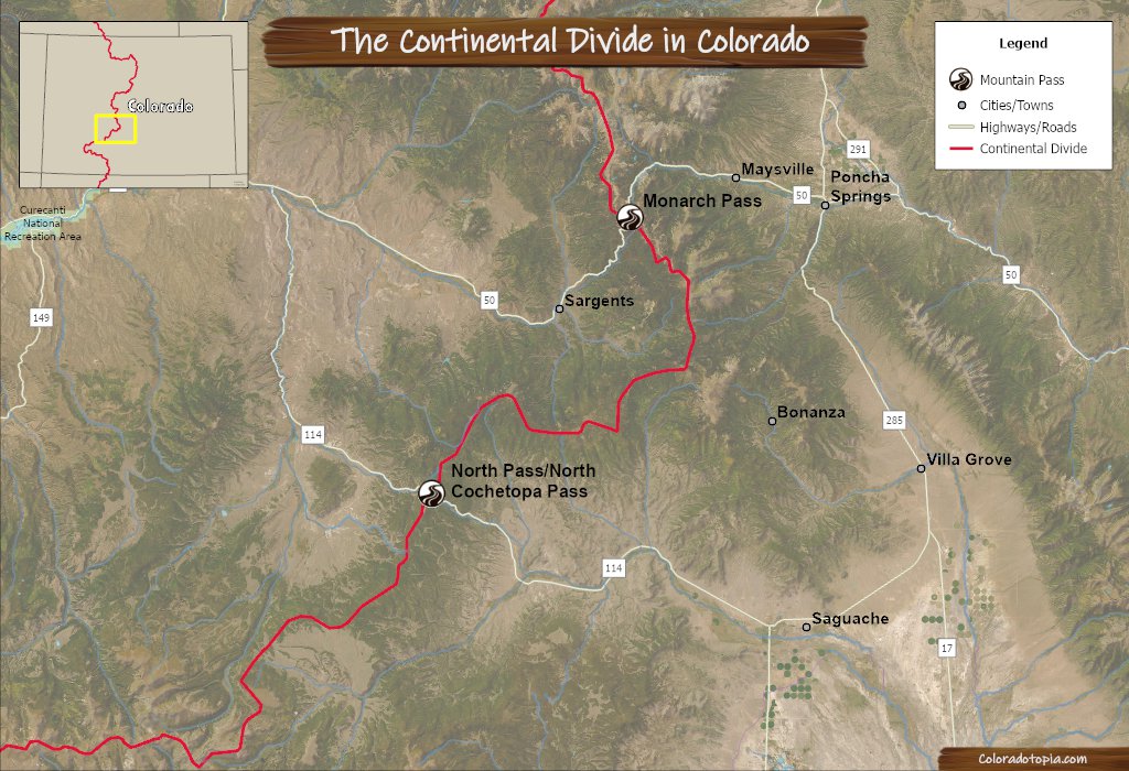 Map of the Continental Divide in Colorado showing Monarch Pass and North Pass aka North Cochetopa Pass