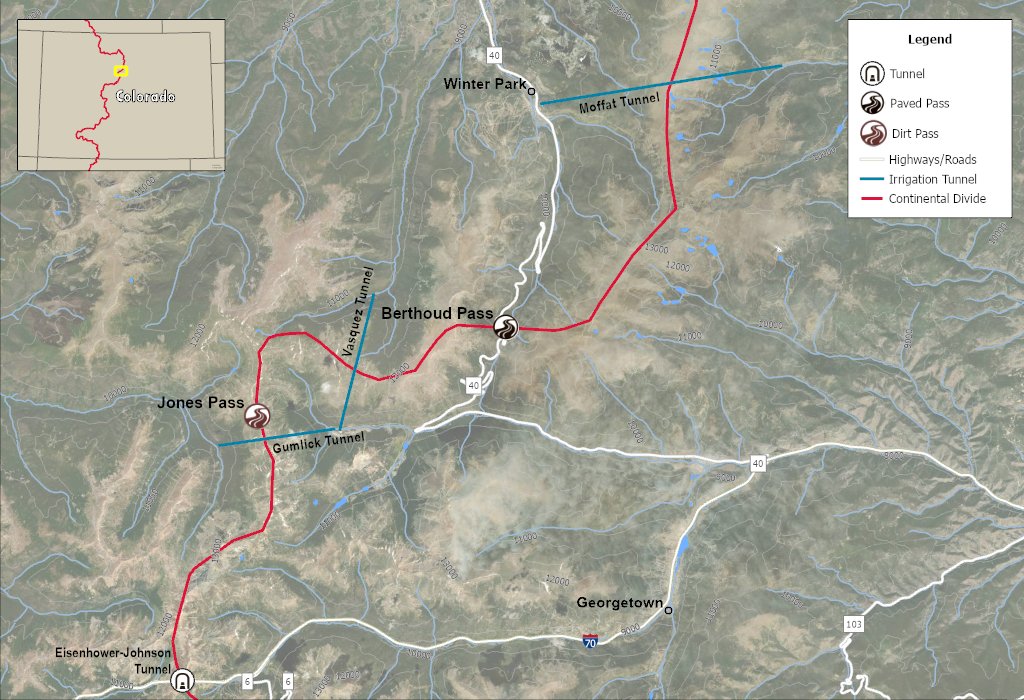 Continental Divide map in Colorado that shows the Gumlick Tunnel, Vasquez Tunnel, and Berthoud Tunnel which are all used for water irrigation across the divide