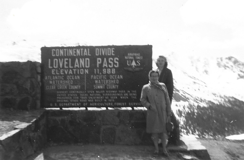 Loveland Pass undated historical photo of the two women next to the Continental Divide sign