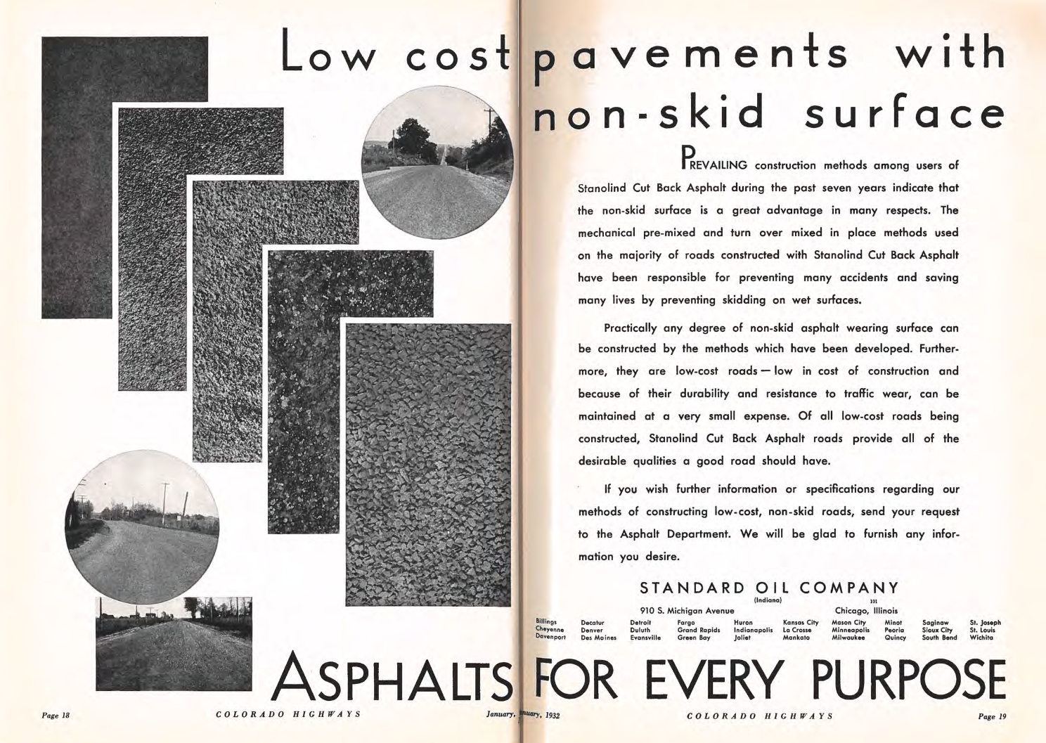 old magazine advertisement showing road surface options for paving and oiling of roads