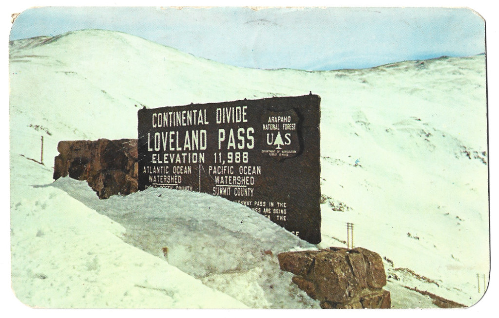 full scan of Loveland Pass Continental Divide sign postcard CL-99610 postmarked in 1958