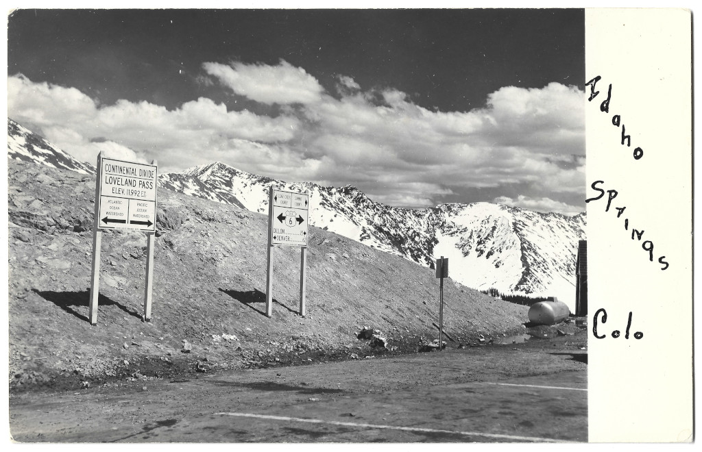 full scan of Loveland Pass Continental Divide sign postcard CL-IS1 from the 1950s