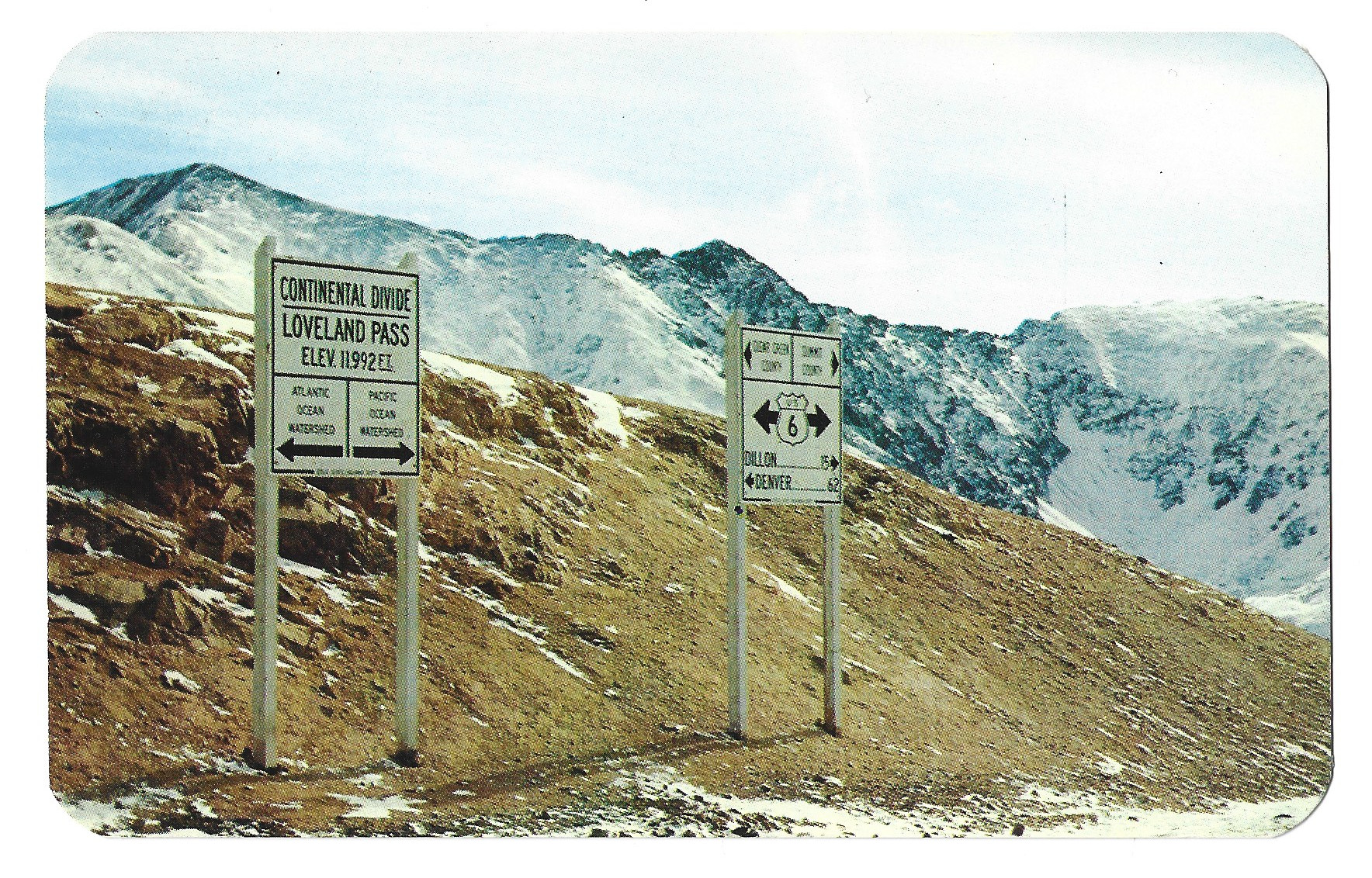 full scan of Loveland Pass Continental Divide sign 1950s postcard CL-81407