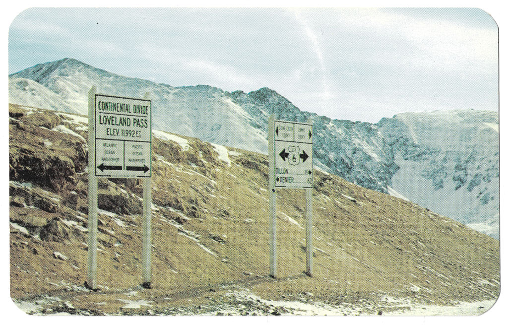 full scan of Loveland Pass Continental Divide sign 1950s postcard CL-81407