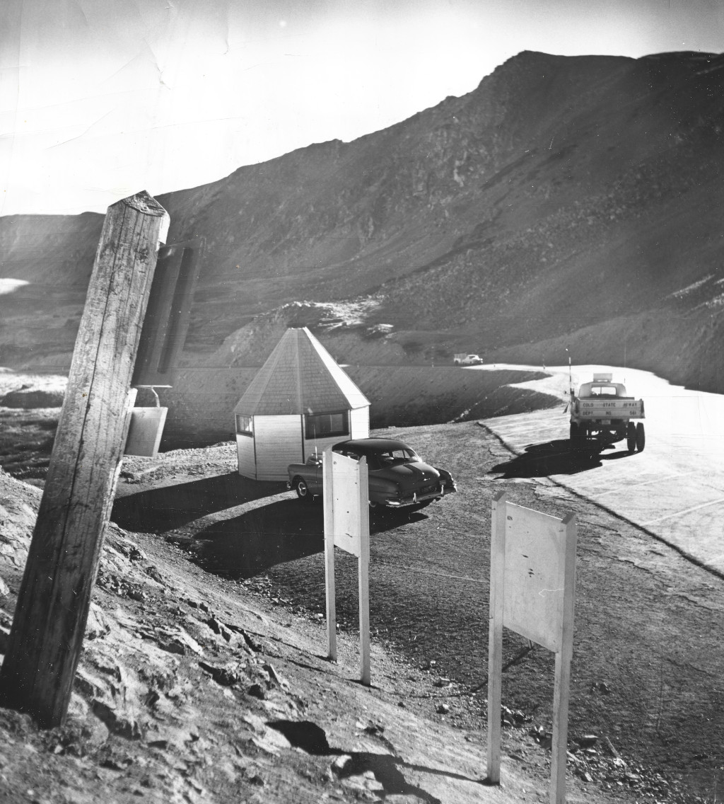 Loveland Pass Continental Divide signs and high altitude research center in October 1952