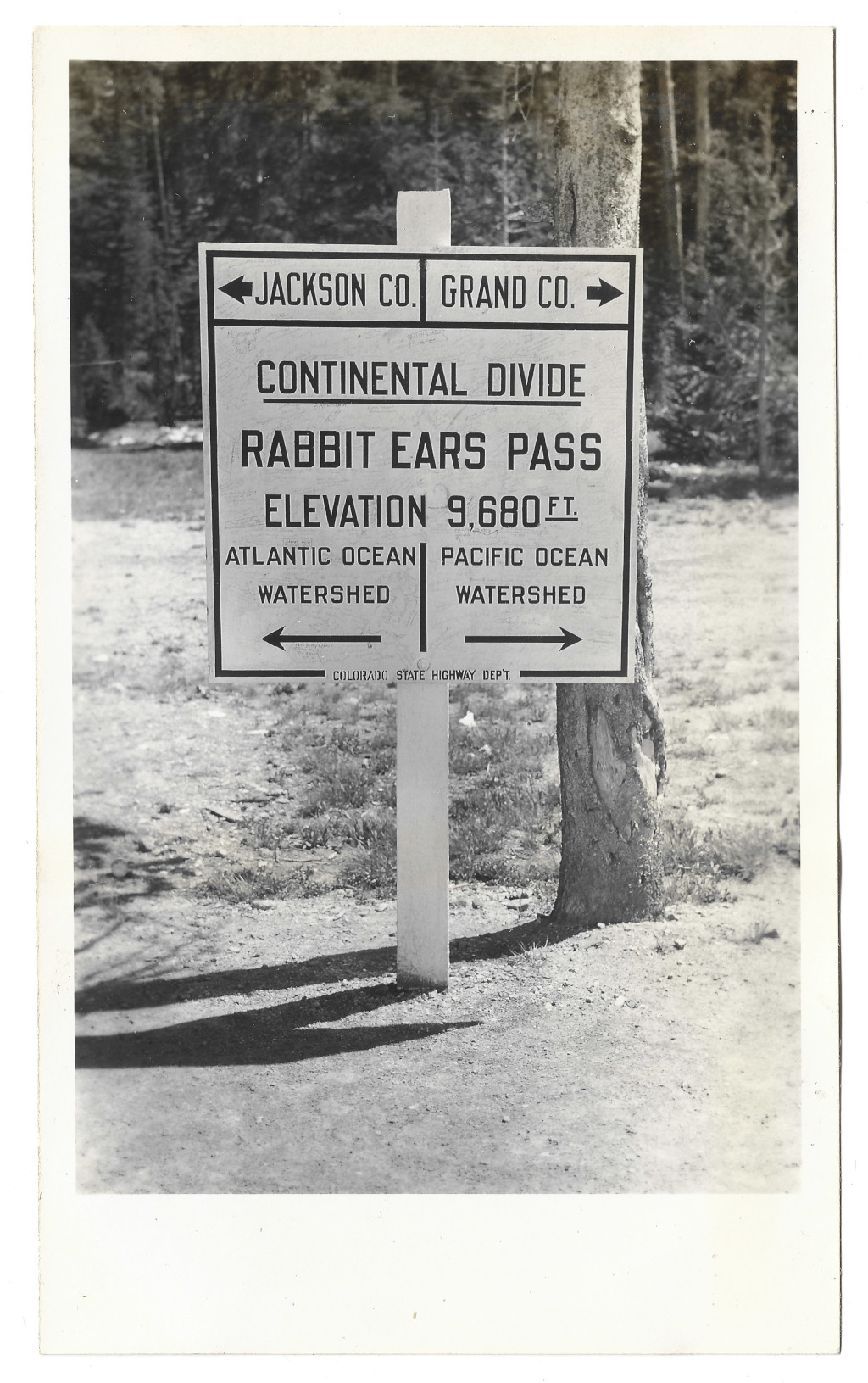 full scan of photograph CRA-B01 Rabbit Ears Pass Continental Divide sign from 1940s