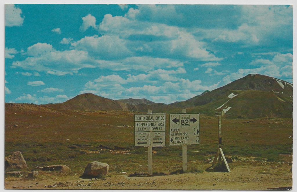 full scan of Independence Pass Continental Divide sign postcard CIN-S293813