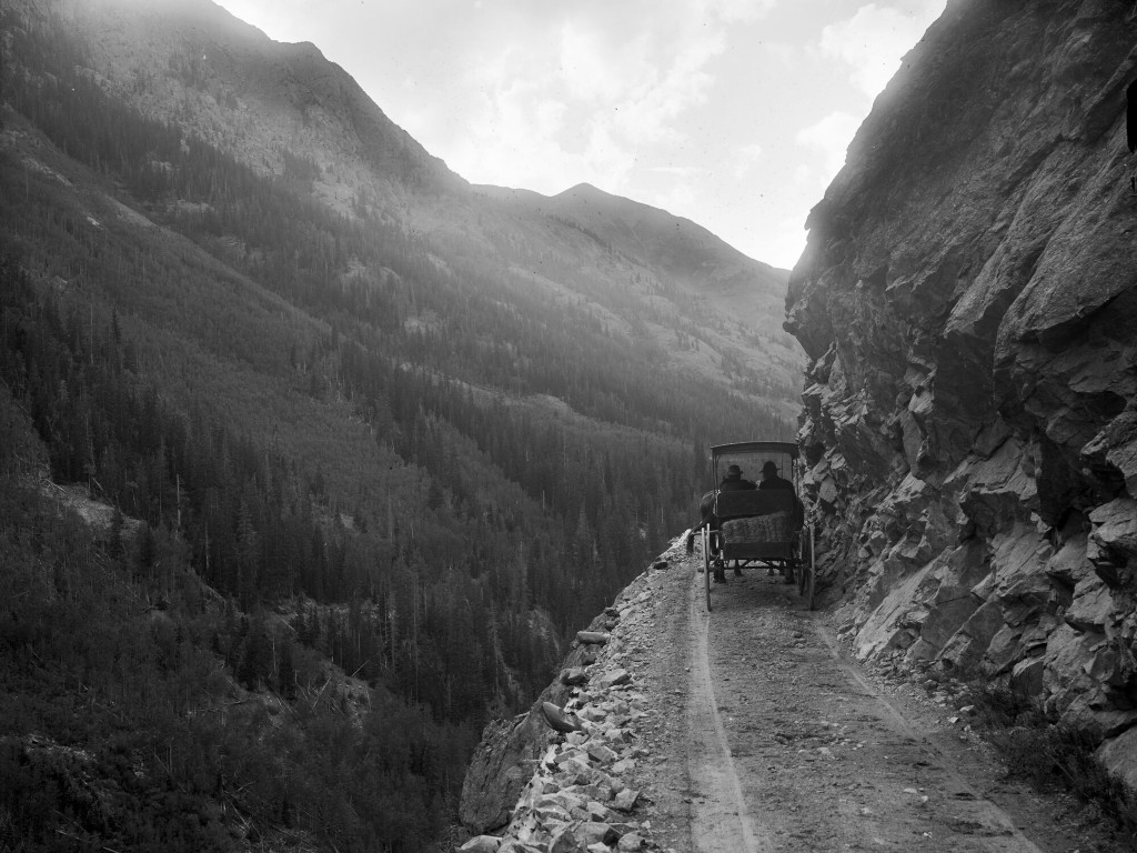 wagon on mountain wagon road known as Million Dollar Highway in year 1909