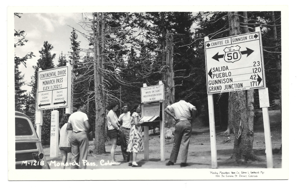 full scan of postcard CMO-M-1218 Monarch Pass Continental Divide sign