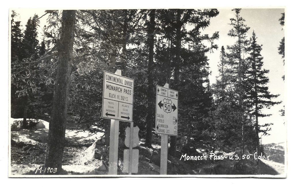 full scan of postcard CMO-M-1903 Monarch Pass Continental Divide sign