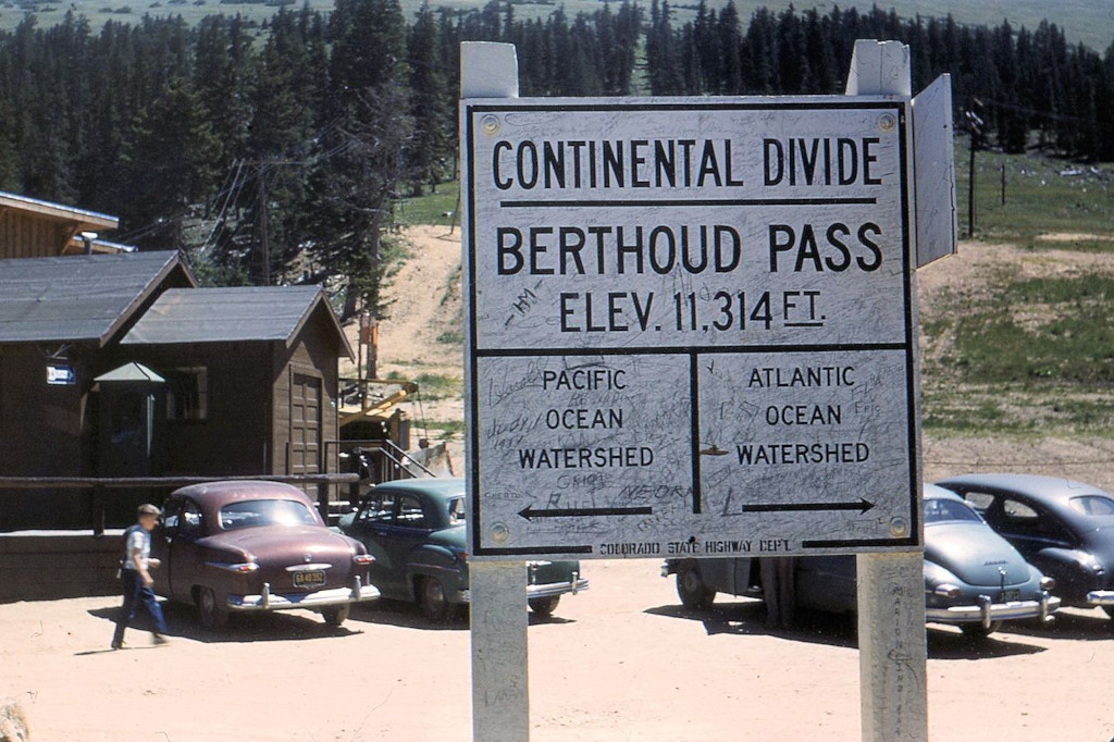 Berthoud Pass Continental Divide sign in 1954 during the summer