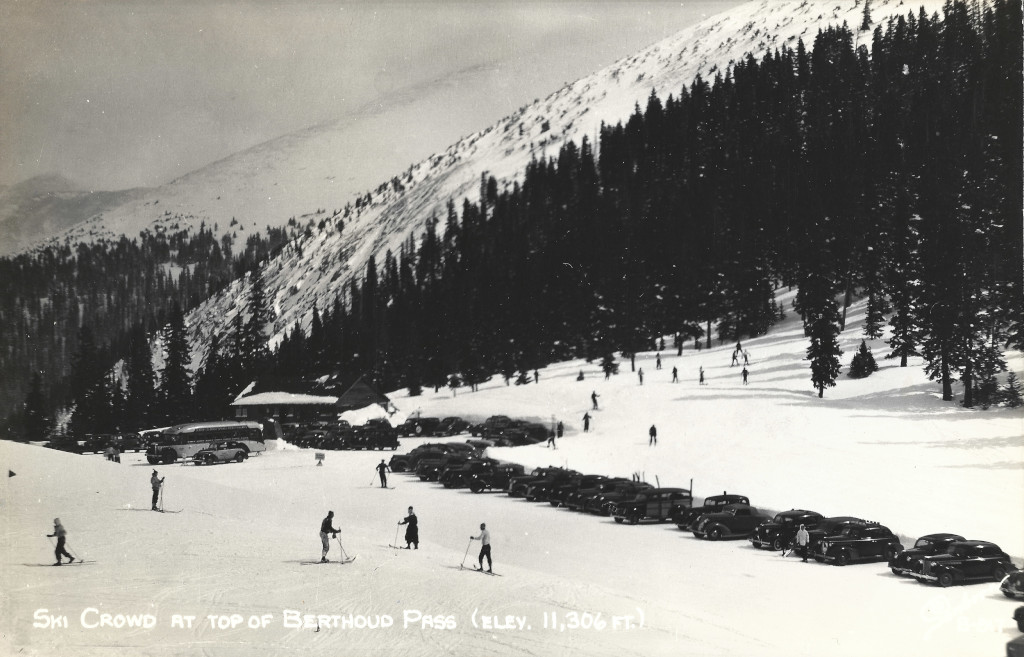 Berthoud Pass, circa Winter 1938-'39 with skiers and cars