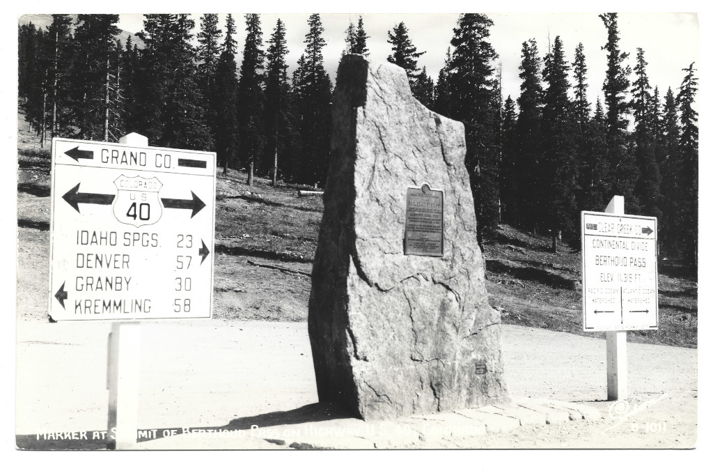 full scan of Berthoud Pass Continental Divide sign postcard CB-B-1101 from 1940s