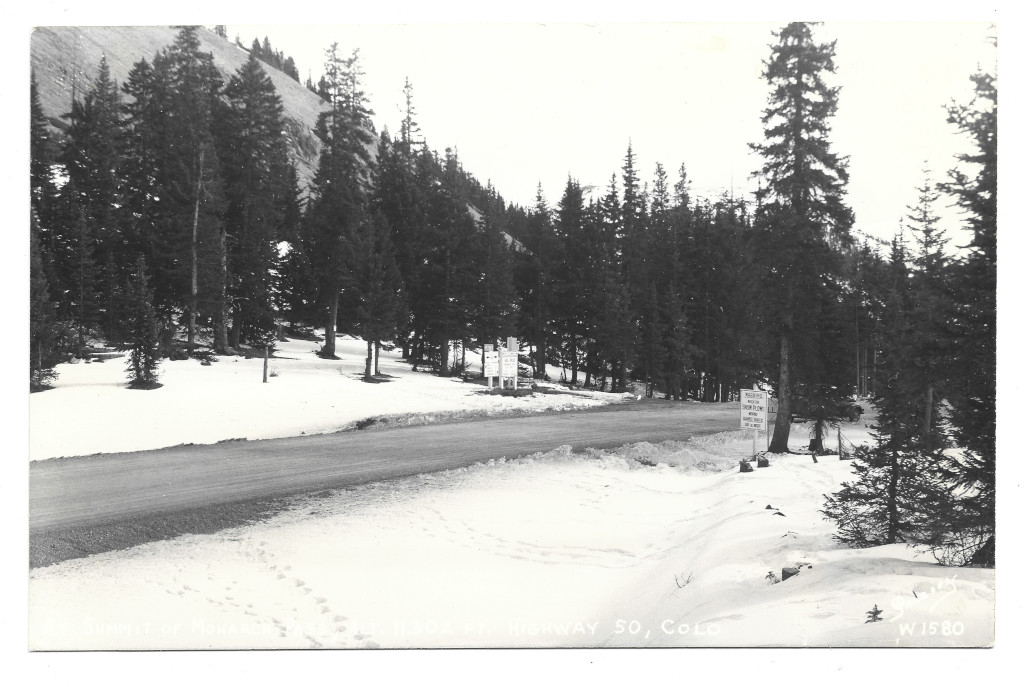 full scan of Coloradotopia postcard ID CMO-W-1580​ showing summit of Monarch Pass when Vail Pass sign was here in 1939