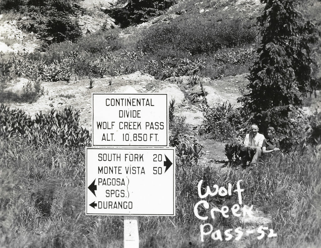 Wolf Creek Pass Continental Divide sign in 1952 on the north side of the highway